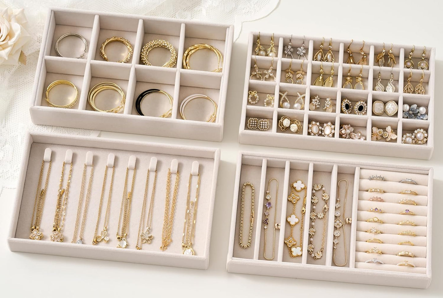 Stackable 4-Layer Jewelry Tray Set for Earrings, Rings, Necklaces, Bracelets with Removable Dividers for Dresser & Vanity