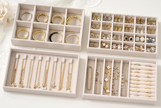 Stackable 4-Layer Jewelry Tray Set for Earrings, Rings, Necklaces, Bracelets with Removable Dividers for Dresser & Vanity