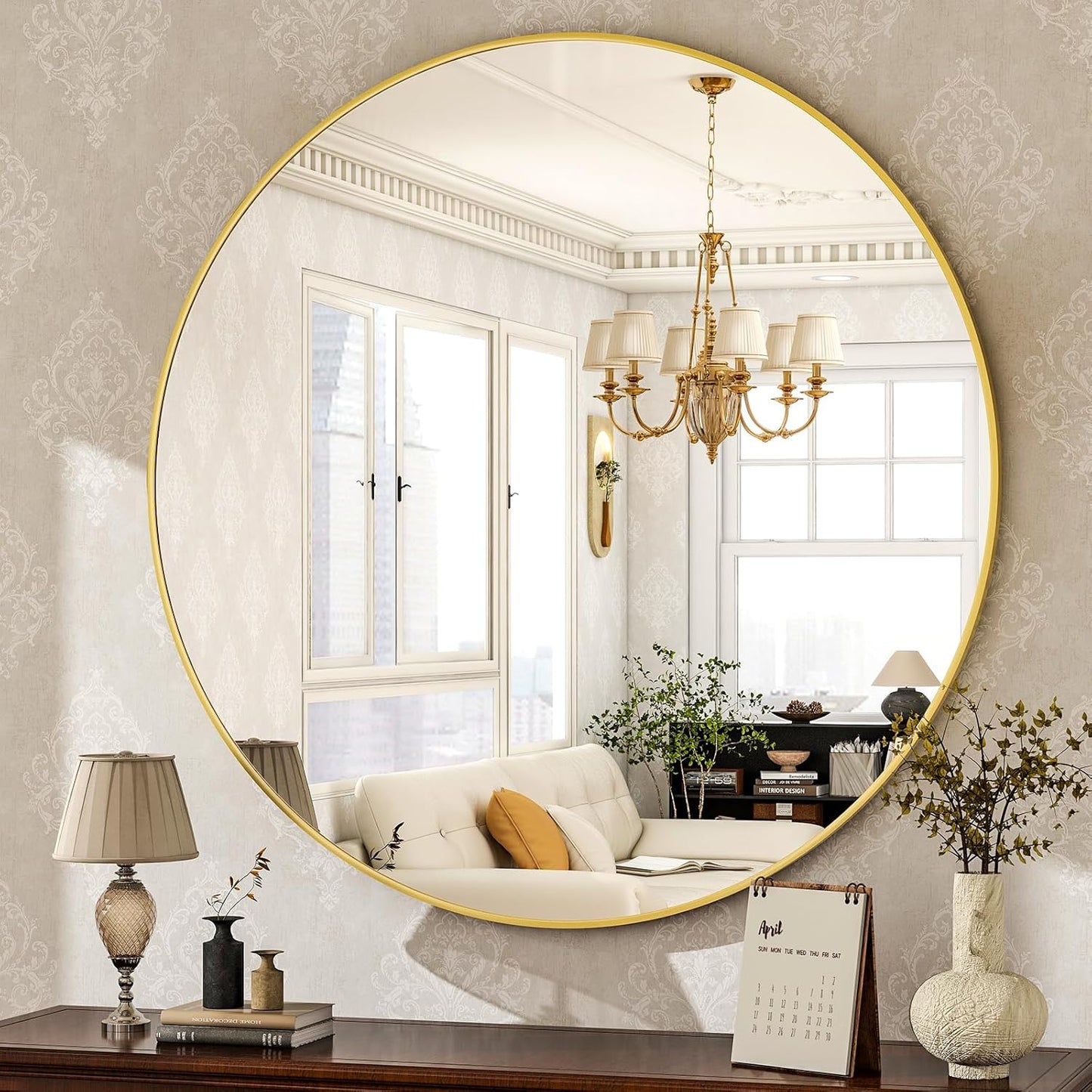 Round Mirror 30 Gold Wall Mirrors Vanity Mirror with Brushed Aluminum Alloy Frame Modern