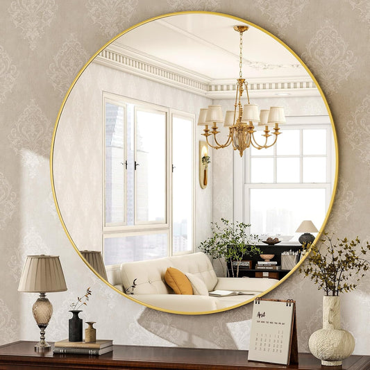 Round Mirror 30 Gold Wall Mirrors Vanity Mirror with Brushed Aluminum Alloy Frame Modern