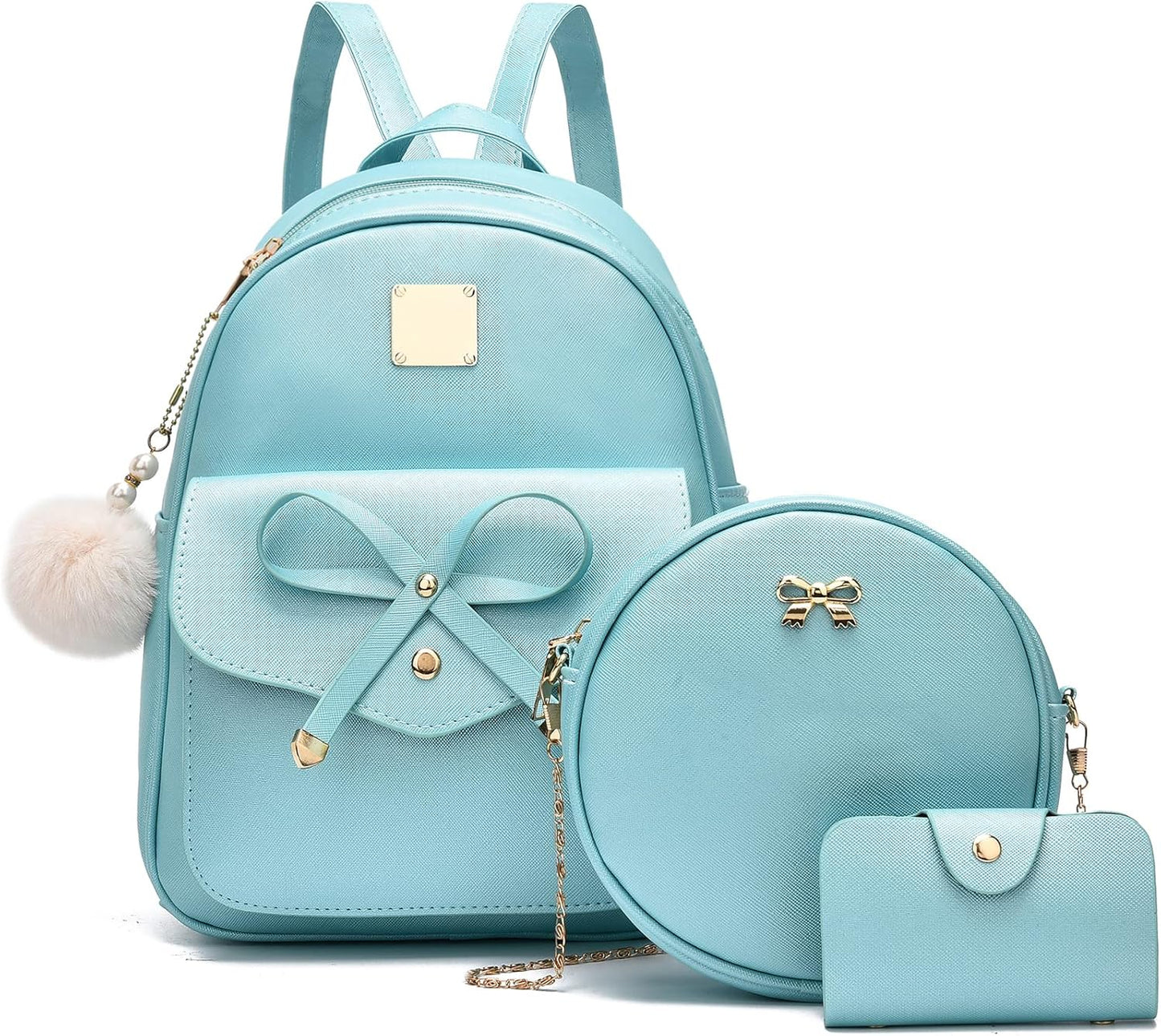 3-Pieces Girls Bowknot Fahsion Leather Backpack Backpack Purse for Women Rucksack
