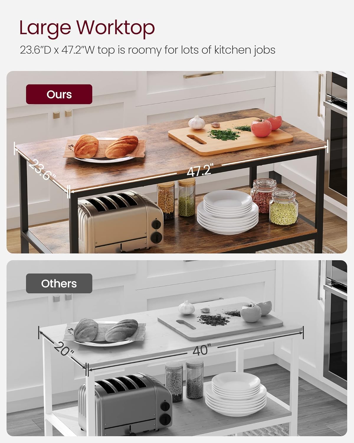 47.2 Inches Width Kitchen Shelf with Large Worktop, coffee table, Stable Steel Structure,Easy to Assemble