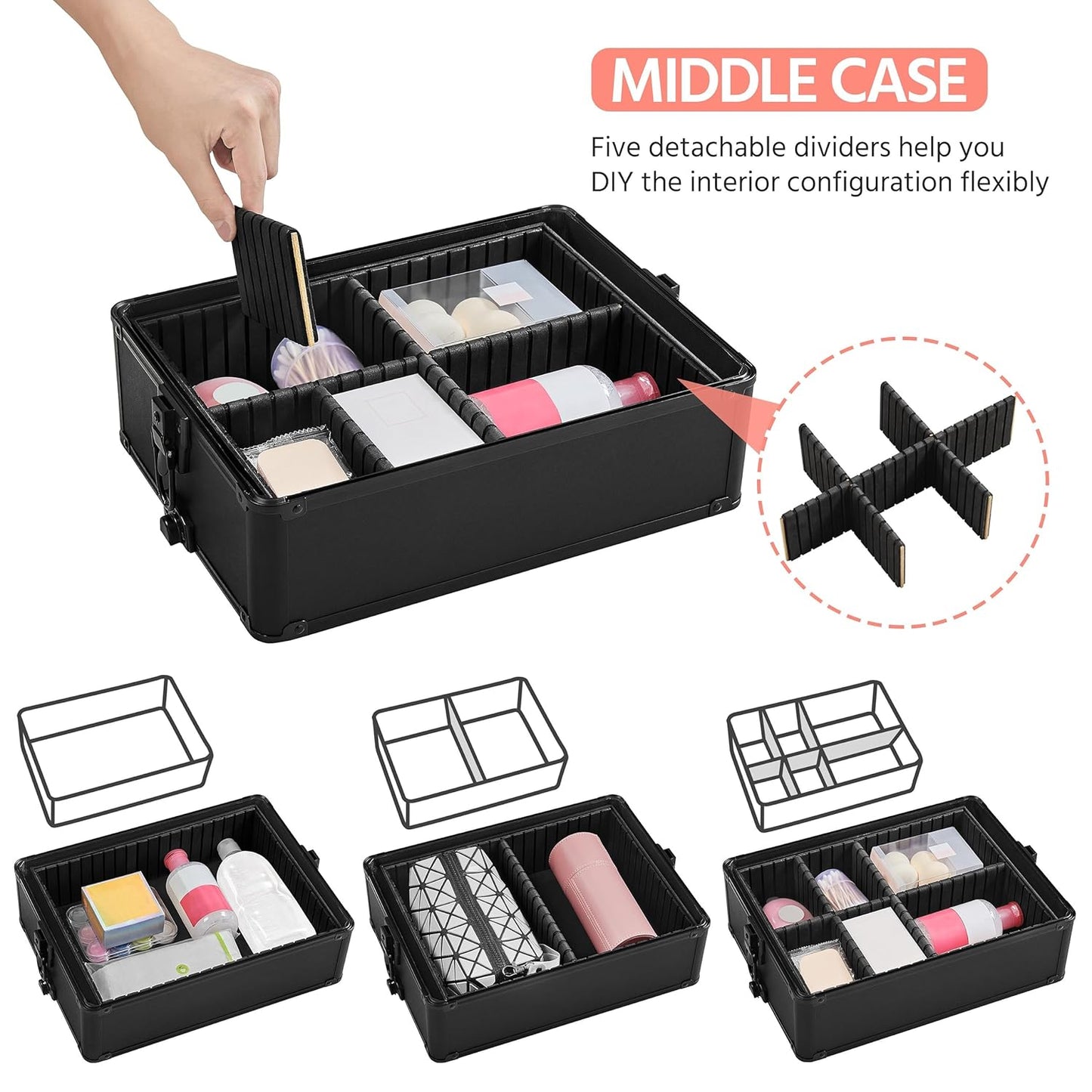 4 in 1 Professional Makeup  Case Aluminum Cosmetic Case Rolling Makeup Case Extra Large Trolley
