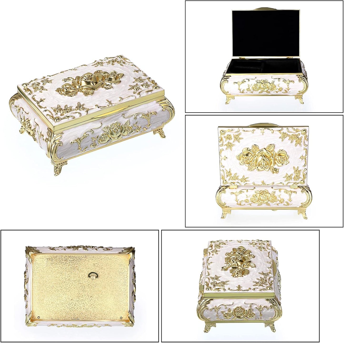 Vintage Music Box, Beige Metal Musical Jewelry Box Keepsake Box, Small Trinket Jewelry Storage Box