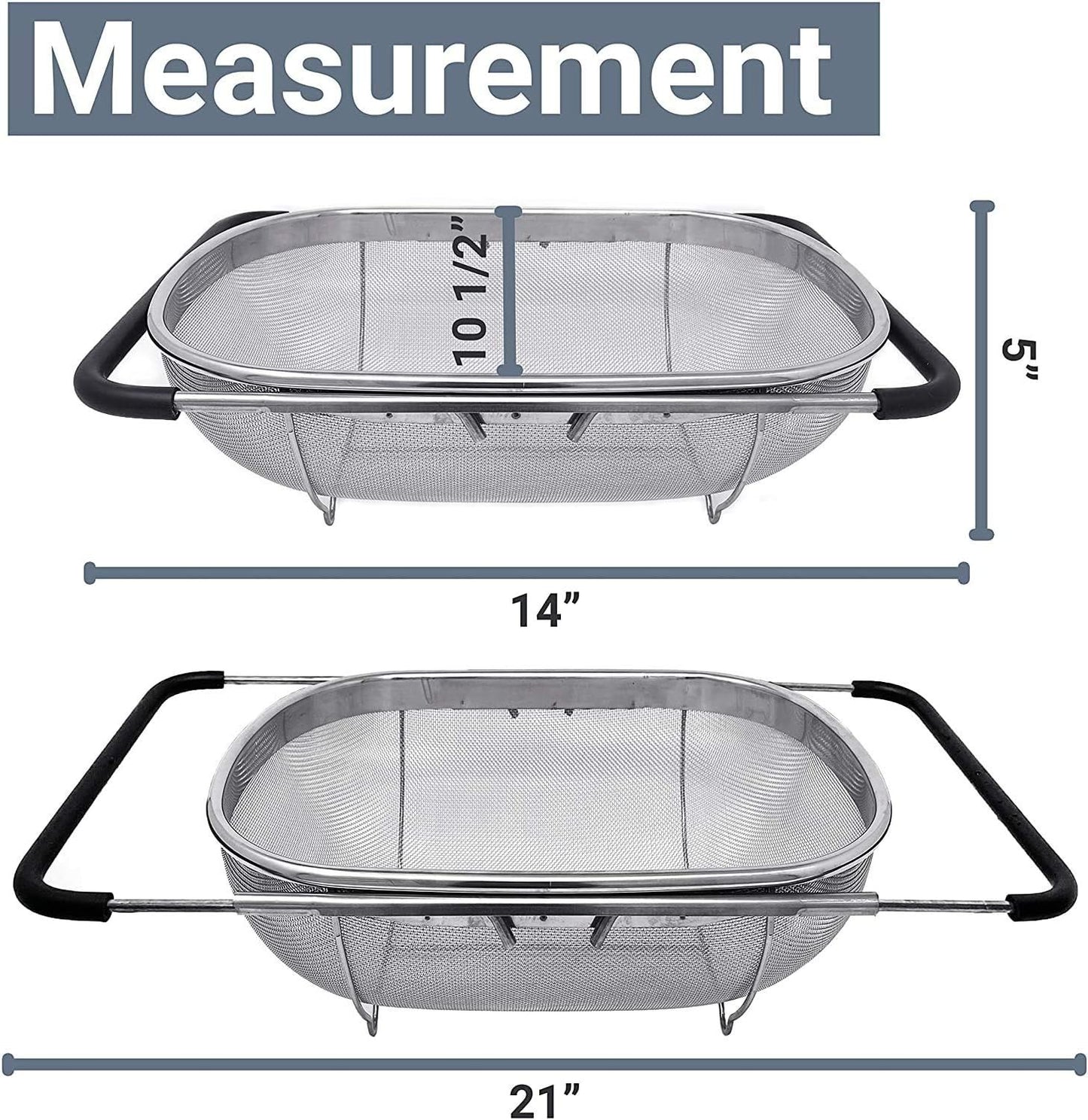 Over the Sink Colander Strainer Basket Stainless Steel, For Kitchen Sink with Rubber Grip, Fine Mesh, Large Kitchen Gadgets Tools