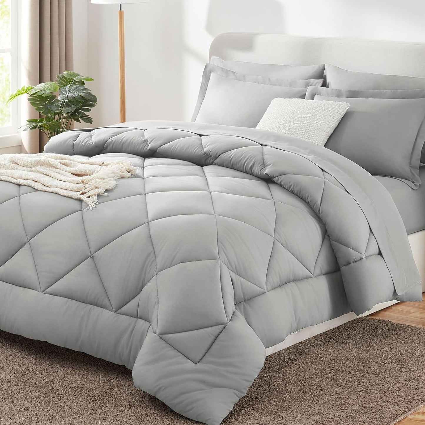 Queen Comforter Set Dark Grey - Bed in a Bag Queen Size 7 count, Luxury Soft Bed Set , Bedding Set with