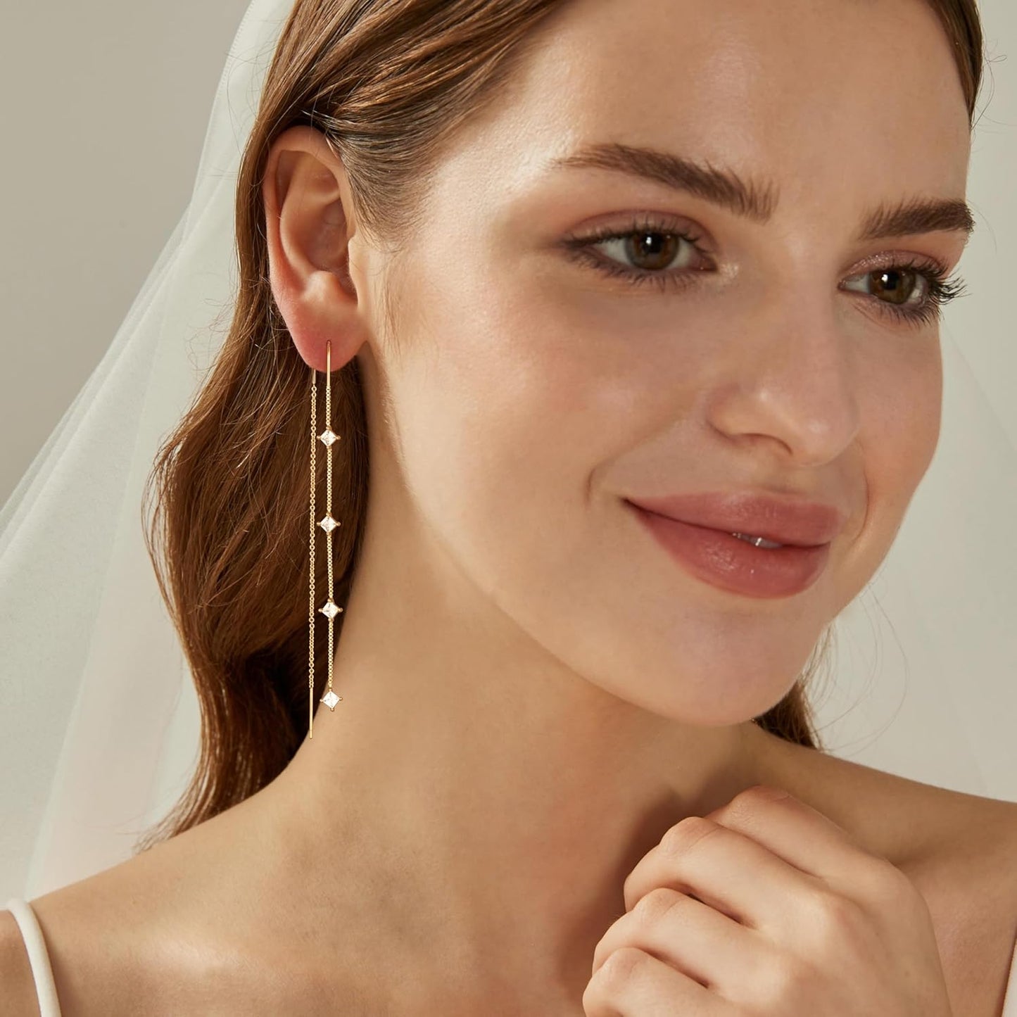 Dangle Threader Earrings for Women: Dainty 14k Gold Plated Drop Long Chain Earrings Trendy  Non Tarnish Elegant Cubic