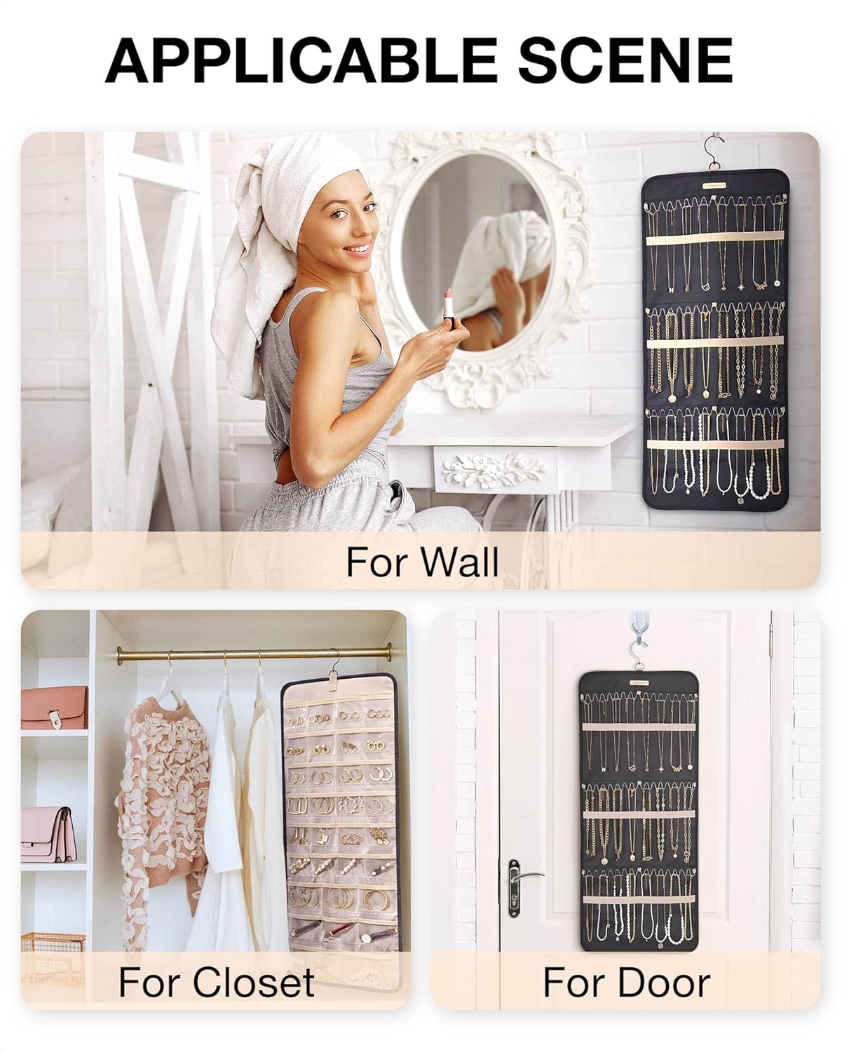 Jewelry Organizer Storage Roll with Hanger Metal Hooks Double, Necklaces, Rings on Closet, Wall, Door