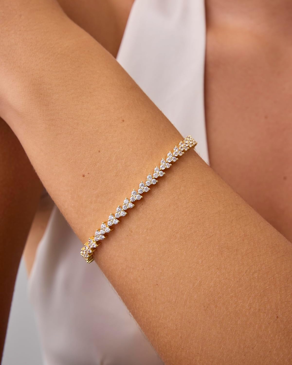 14K-18K Gold Plated Simulated Diamonds Bezel Set Tennis  -  Round Pear Heart Statement Bride Gold Bracelet Stack - Sizes 6.5-7.5 Inch