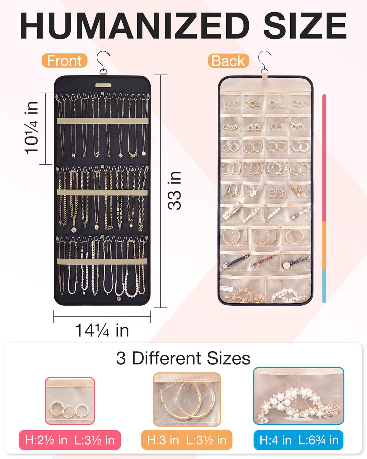 Jewelry Organizer Storage Roll with Hanger Metal Hooks Double, Necklaces, Rings on Closet, Wall, Door