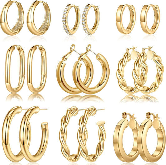 9 Pairs Gold Hoop Earrings for Women, 925 Sterling Silver Post 14K Real Gold Plated Chunky Hoop Earrings Set for Women