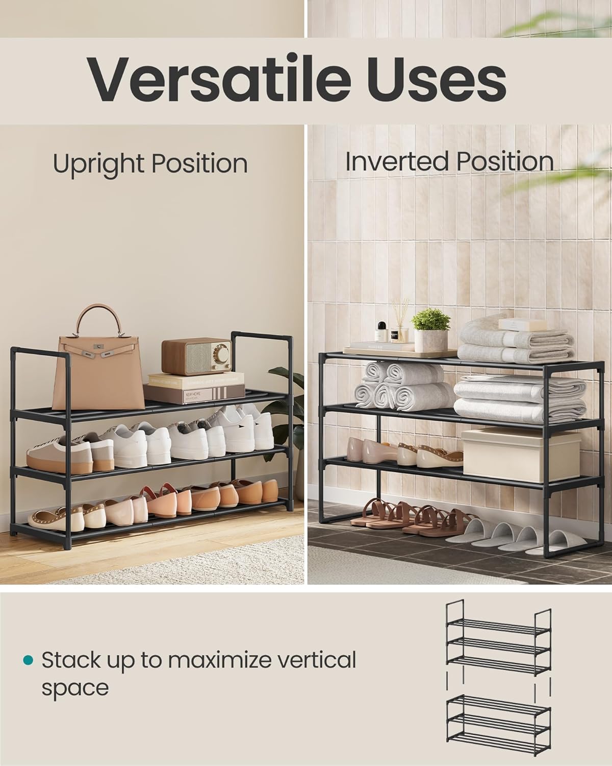 3-Tier Shoe Organizer, Metal Storage Shelf, for 16-20 Pairs, Stackable, for Entryway