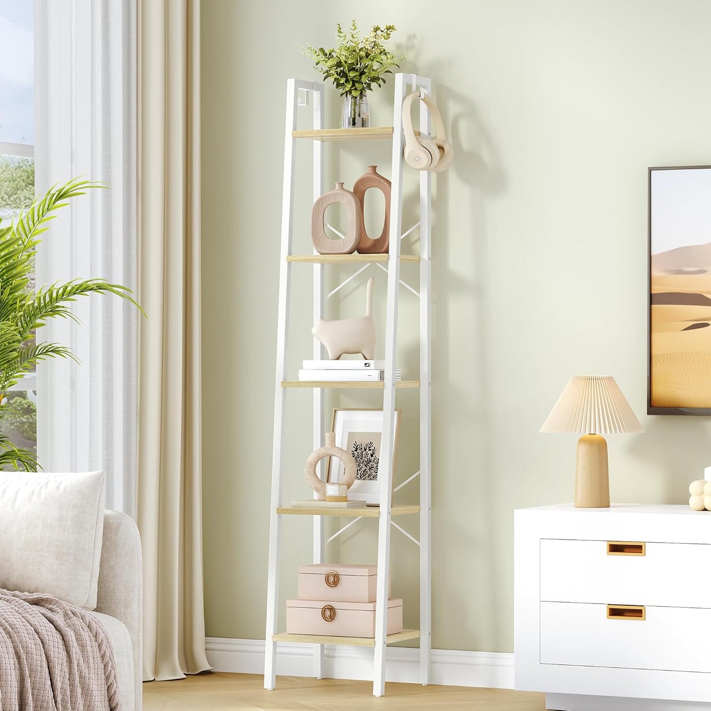 Ladder Shelf, Bookshelf Bookcase, Freestanding Corner Storage Shelve with 2 Hooks