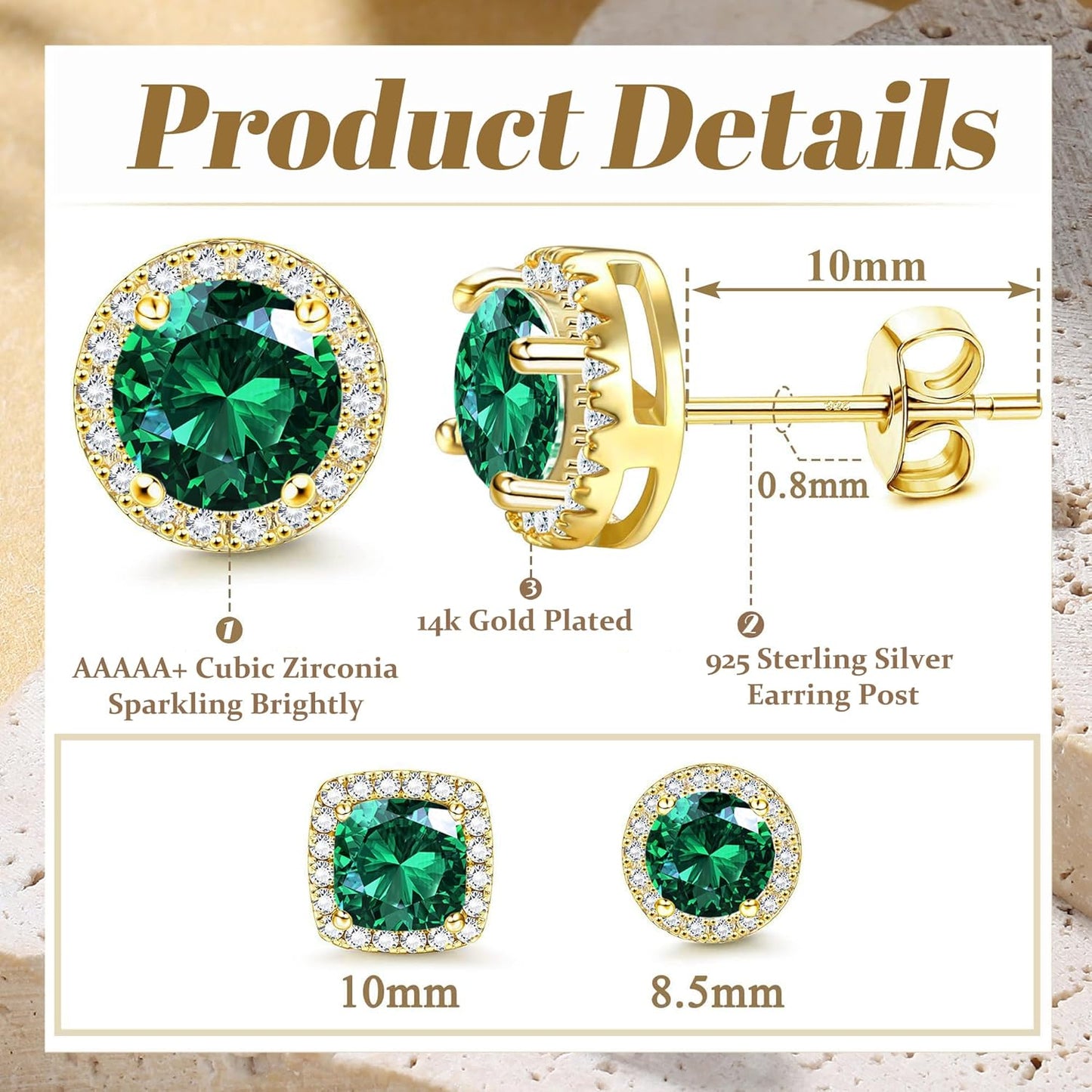 Hayoso 18K Gold Plated Halo Stud Earrings 925 Sterling Silver Cubic Zirconia Stud Earrings Round Square Diamonique Stud