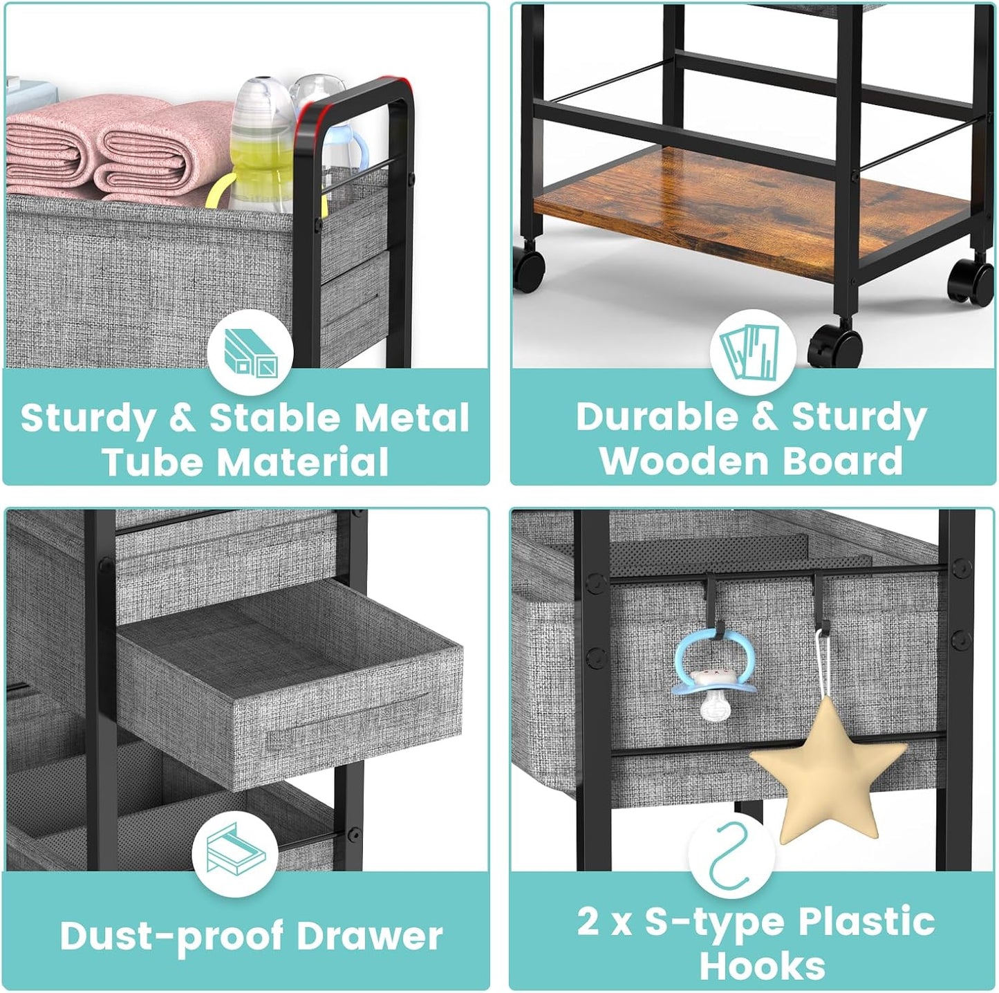 2In1  Diaper Caddy & 4-Tier Rolling Diaper Cart, Diaper Caddy Organizer Cart with Dividers & Drawer