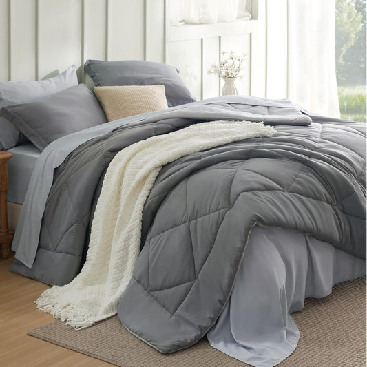 Queen Comforter Set - 7 count Reversible Grey Bedding, Queen Size Bed Set for All Seasonsz