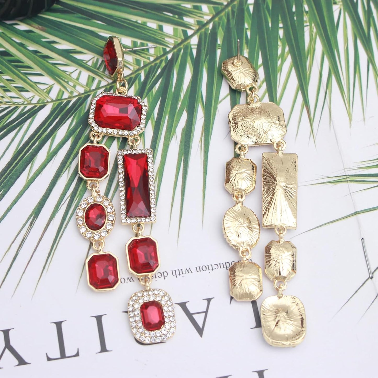 Vintage Rectangle Teardrop Chandelier Earrings, Art Deco Wedding Austrian Crystal Drop Dangle Earrings for Women Party Prom