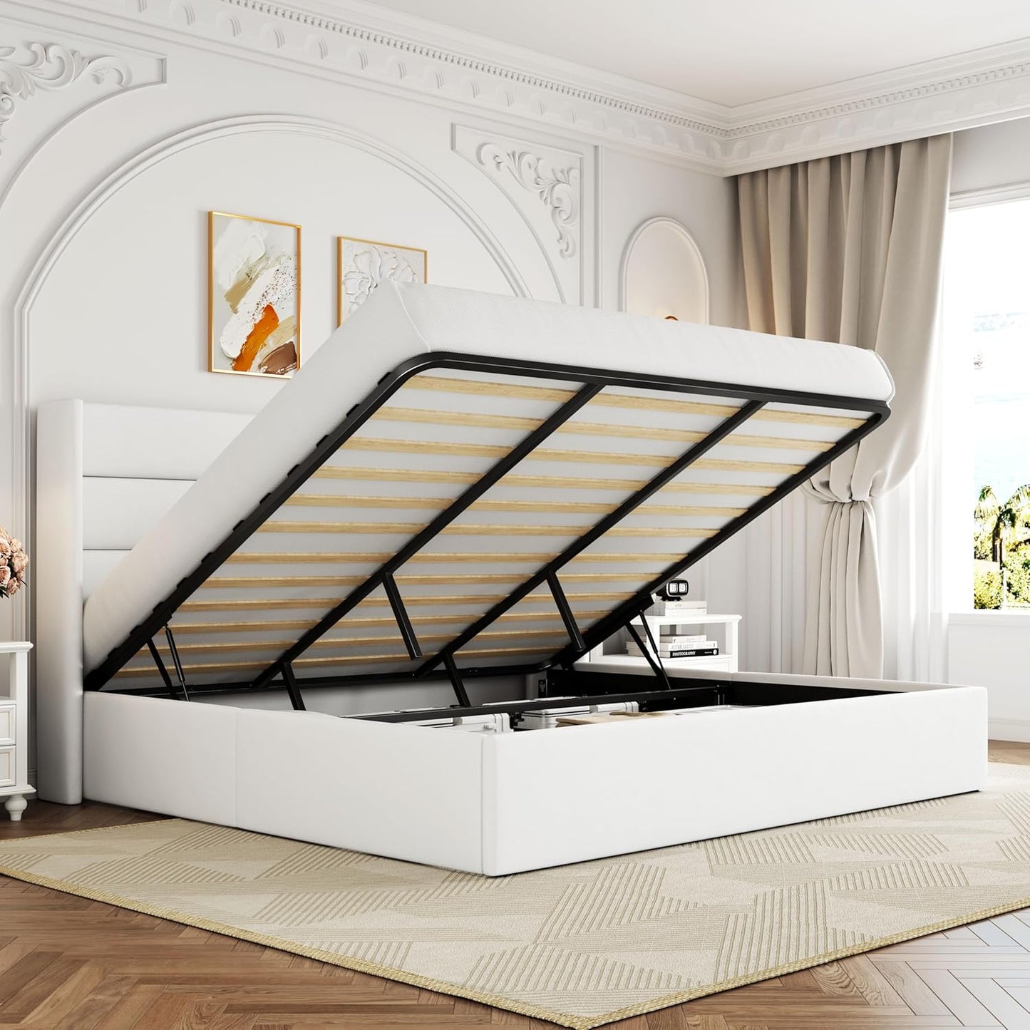 King Size Lift Up Storage Bed, Modern Wingback Headboard, Hydraulic Support, No Box Spring Needed