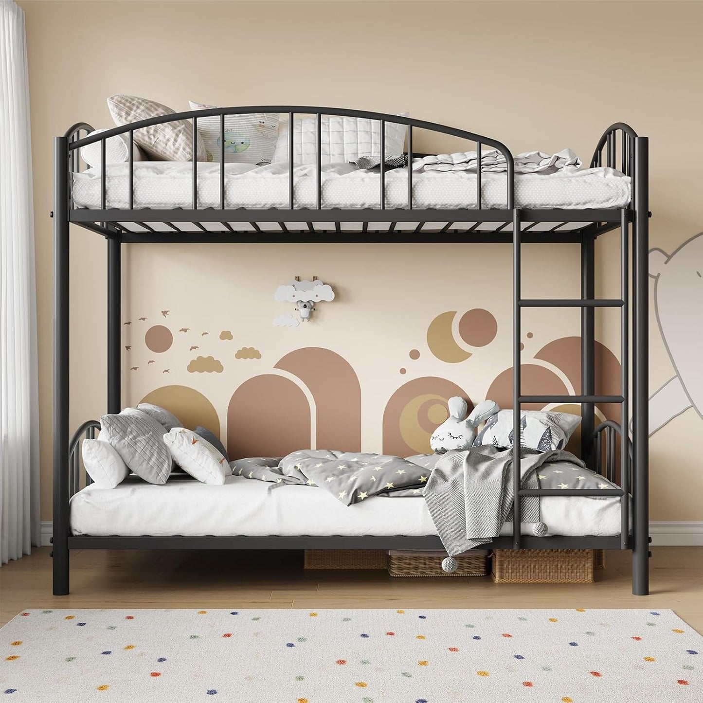 Metal Bunk Bed Twin Over Twin, Heavy Duty Bunkbeds Frame with Arched Guardrail and Safety Ladder, Sturdy Steel Bed for Kids Boys Girls, Space-Saving, No Box Spring Needed, Modern Black
