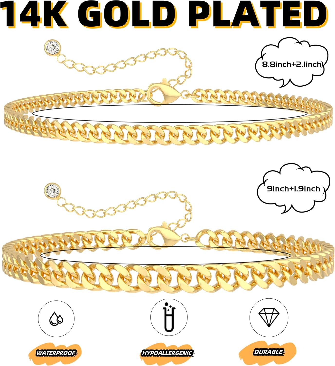 Women Dainty Gold Anklets Trendy Layered  Stackable Chunky Cuban Link Chian Anklet Bracelet Set