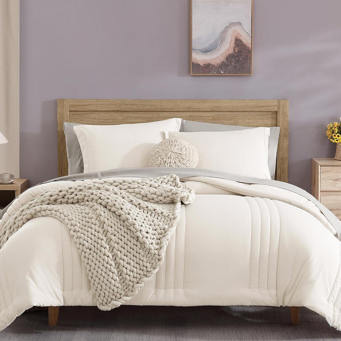 Queen Comforter Set - 7 count Beige Bed in a Bag Queen Bedding Sets , All Seasons