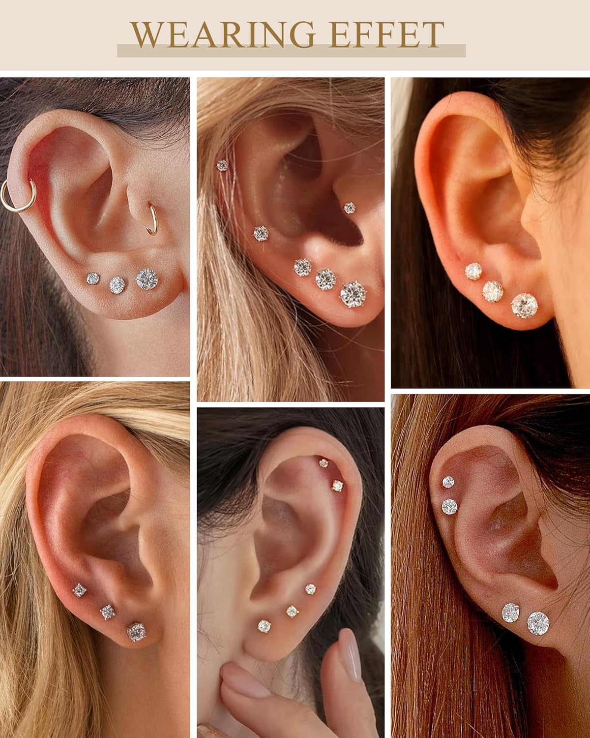 5 Pairs 14K Gold Plated Stud Earrings for Women, Hypoallergenic Earring Sets for Multiple Piercing, Premium Cubic Zirconia Studs