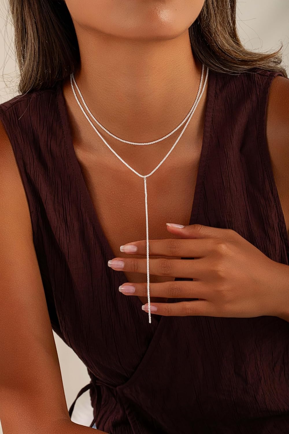 Two-Tone Gold & Silver Y Necklace, Layered Dangle Statement Body Chain For Women, Beach Boho Cleavage Jewelry For Vacation Or Prom