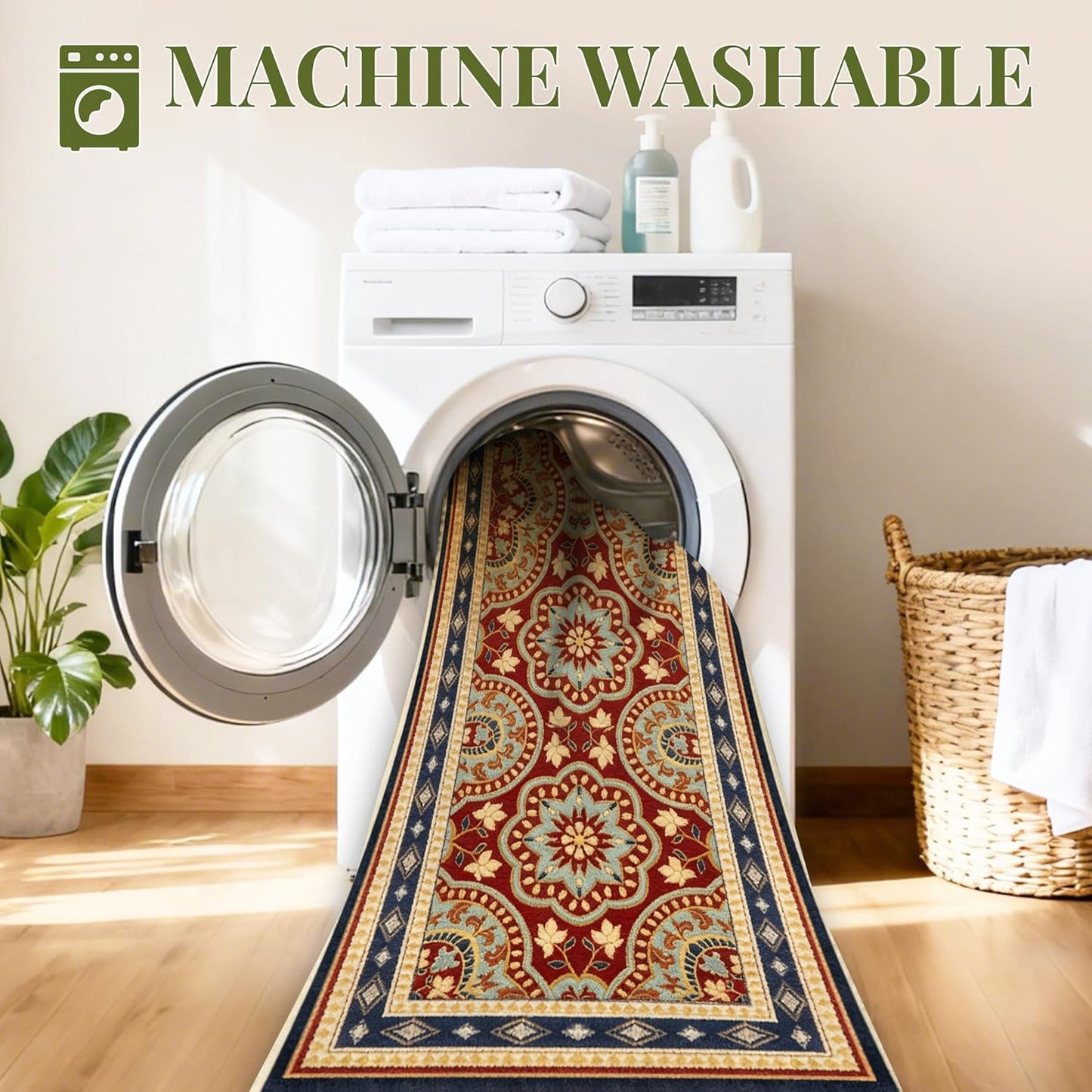 Washable 2x6 Runner Rug, Soft Boho Kitchen Hallway Runner Rug TPR Non-Slip Low Pile Farmhouse Floor Mat for Bathroom Laundry Bedroom Burgundy