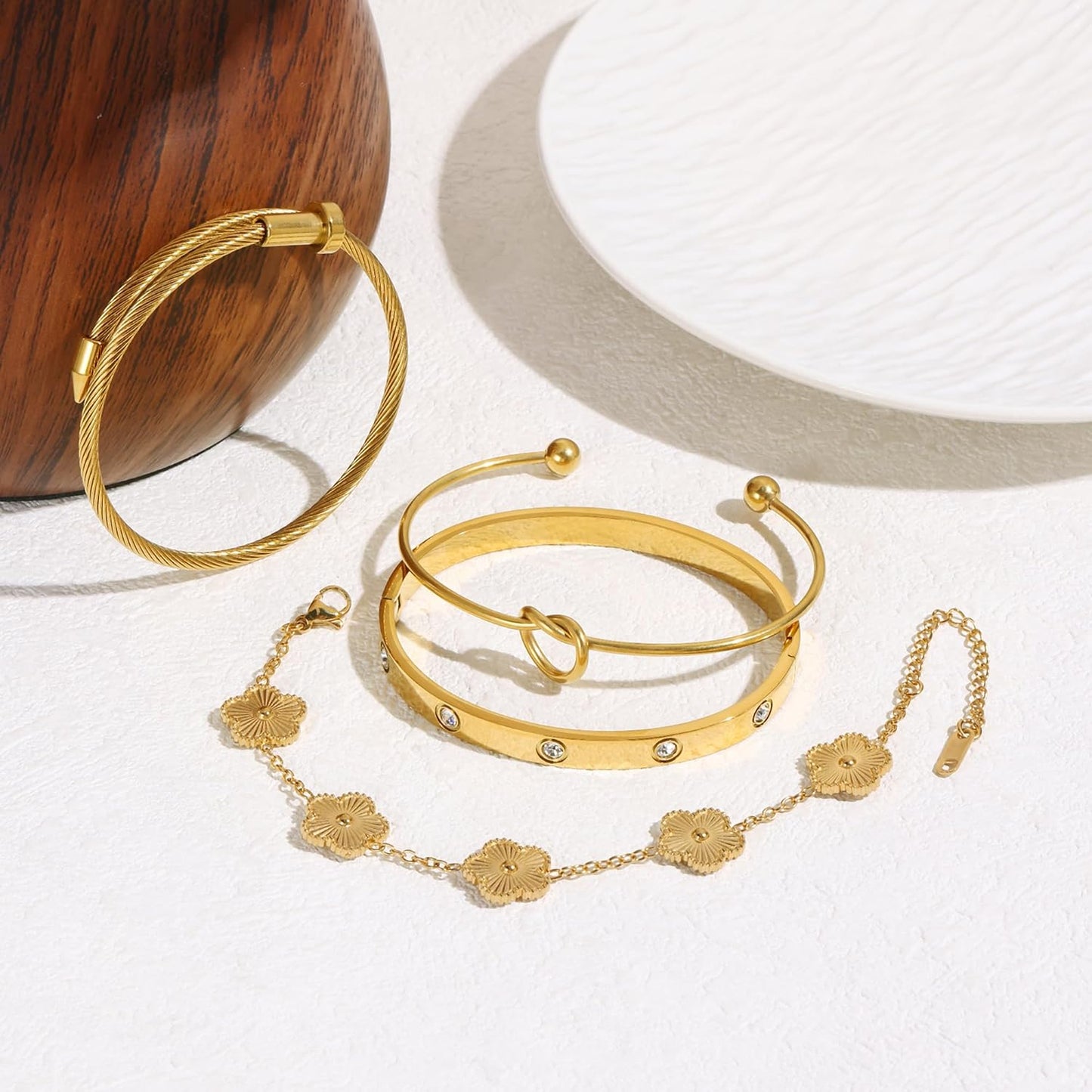 Womens 4Pcs Stackable Floral Gold Bracelets Stainless Steel Bangle Bracelets Non Tarnish Silver Set