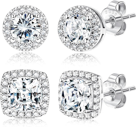 Hayoso 18K Gold Plated Halo Stud Earrings 925 Sterling Silver Cubic Zirconia Stud Earrings Round Square Diamonique Stud