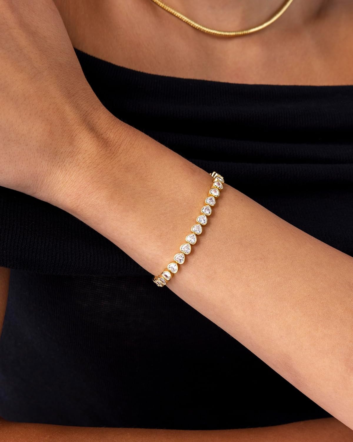 14K-18K Gold Plated Simulated Diamonds Bezel Set Tennis  -  Round Pear Heart Statement Bride Gold Bracelet Stack - Sizes 6.5-7.5 Inch