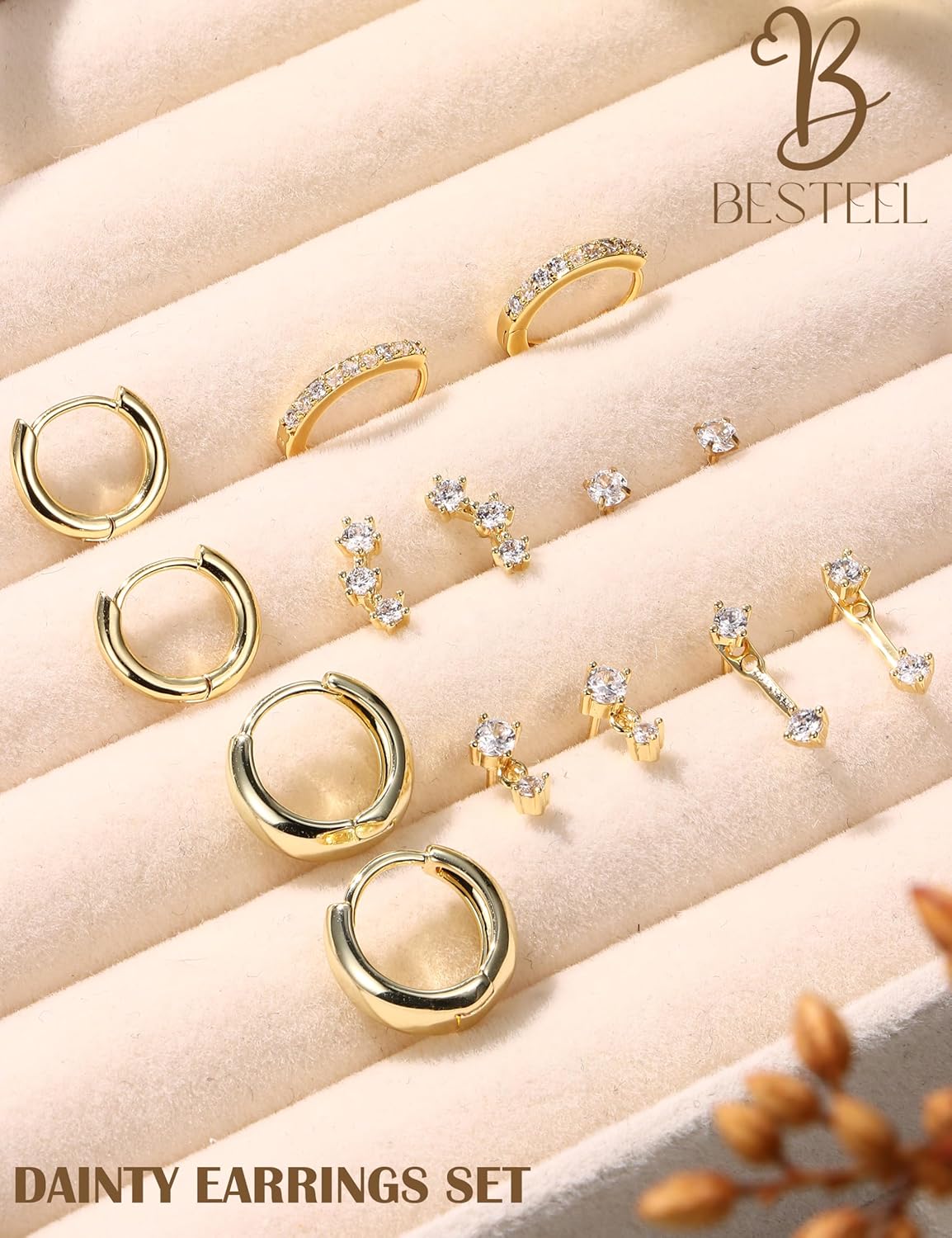 Small Stud Hoop Earrings for Women - 7 Pairs Hypoallergenic 14K Gold Plated Huggie Earring Sets for Multiple Piercing