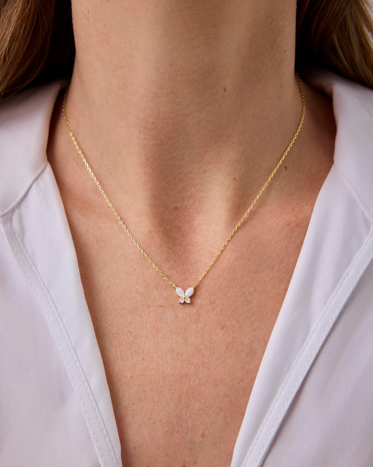 14K Gold Plated Opal Pendant Necklaces for Women | Created Opal Cubic Zirconia Dainty Necklace | Butterfly Round Triangle Antler Bar Pendants