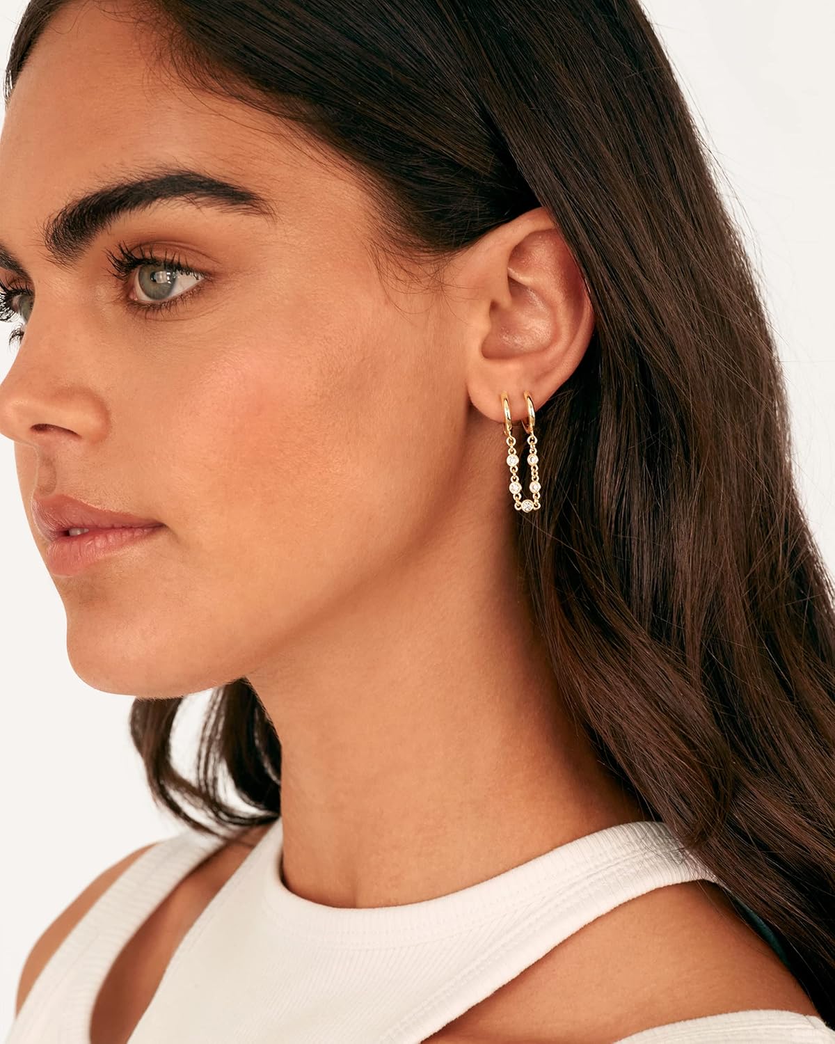 14K Gold Chain Earrings for Women | Double Piercing Dangle Chain Huggie Hoop Earrings | Cubic Zirconia Pearl Stud Ear Cuff Earrings for Women