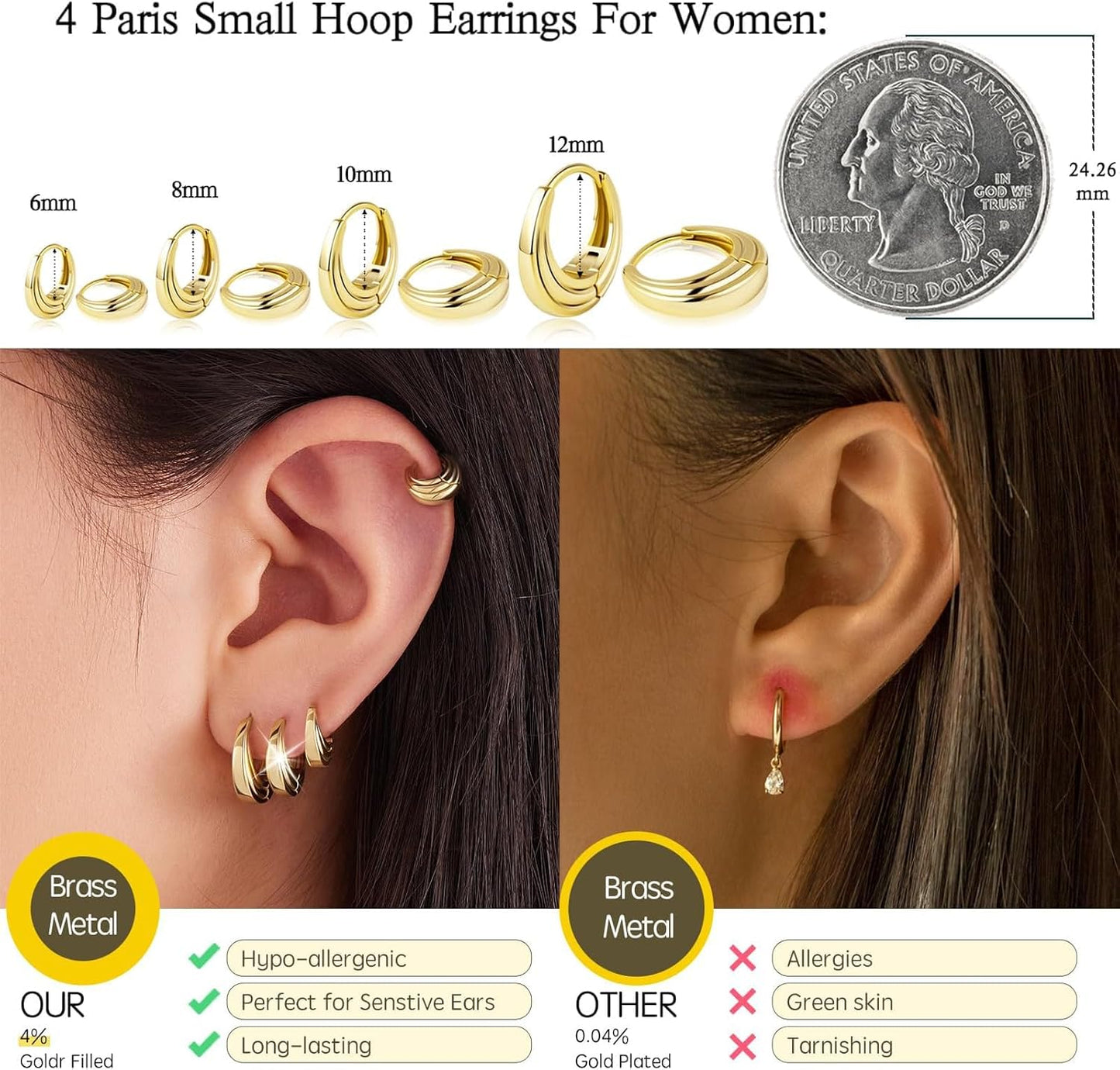 Small Gold Huggie Hoop Earrings Set for Women Men Hypoallergenic 14K Plated Stack Cartilage Earrings, Multiple Piercing