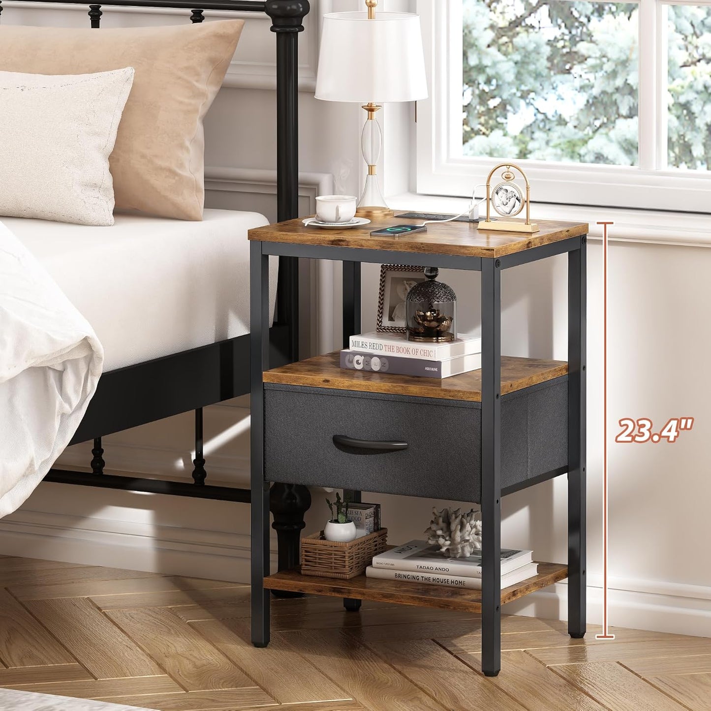 Nightstand with Charging Station, Bed Side Table with Adjustable Fabric Drawer, 3-Tier Storage