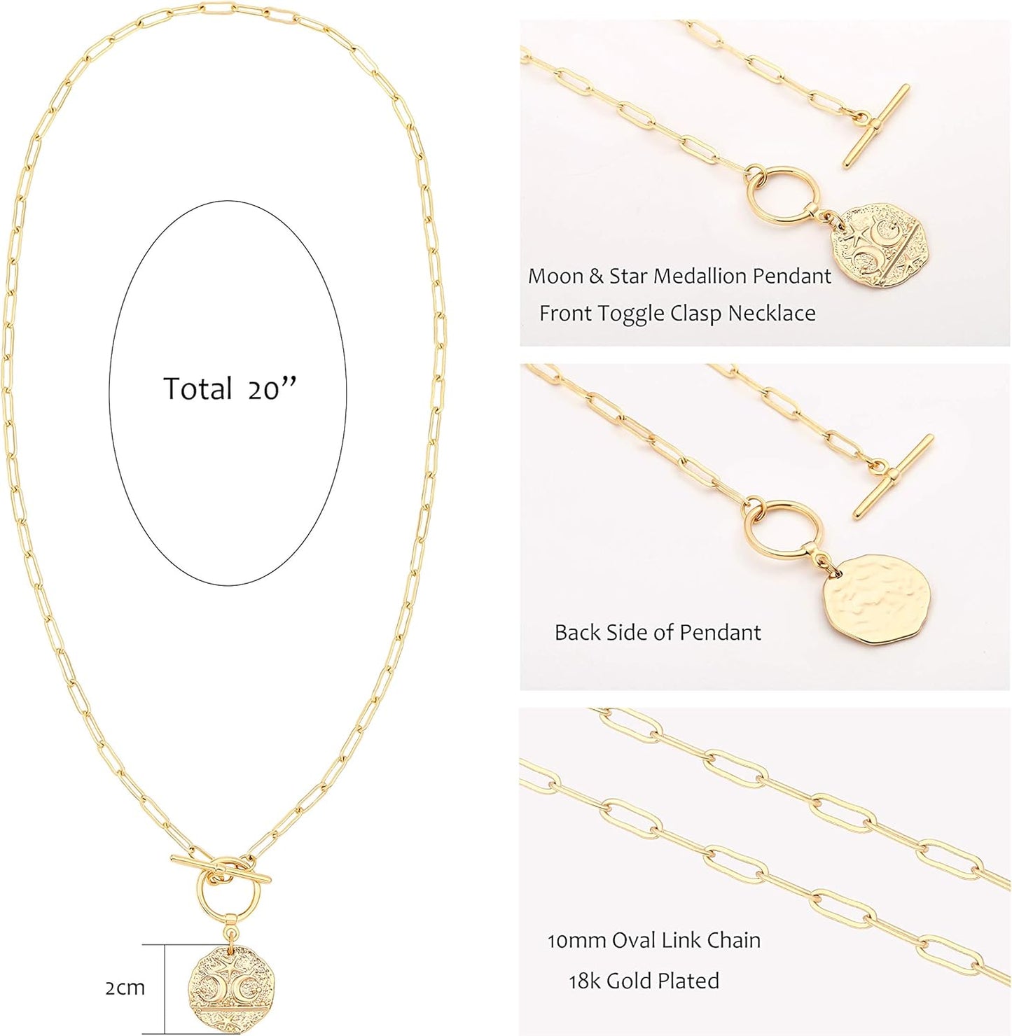 "18K Gold Plated Pendant Necklace, Moon Star Lion Evil Eye Heart Cross Charms, Paperclip Chain Choker, Dainty Layering Jewelry for Women"
