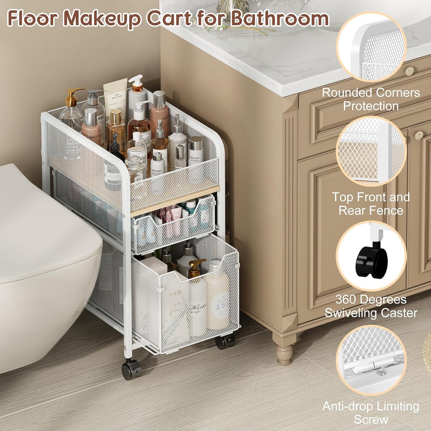 Rolling Makeup Cart Organizer with 2 Drawers, Narrow Floor Skincare Organizers, Vanity Organizer