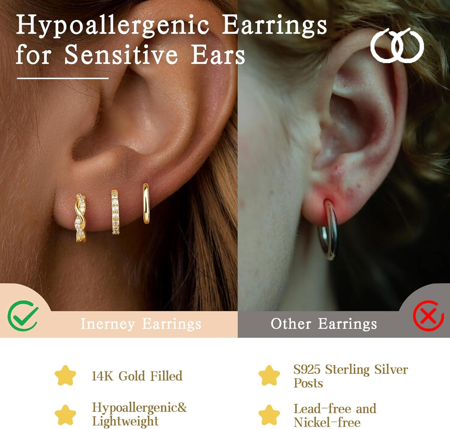 Inerney Gold Huggie Hoop Earrings Set for Women, Dainty Small Sterling Silver Earring Stacks Hypoallergenic Jewelry for Multiple Piercings