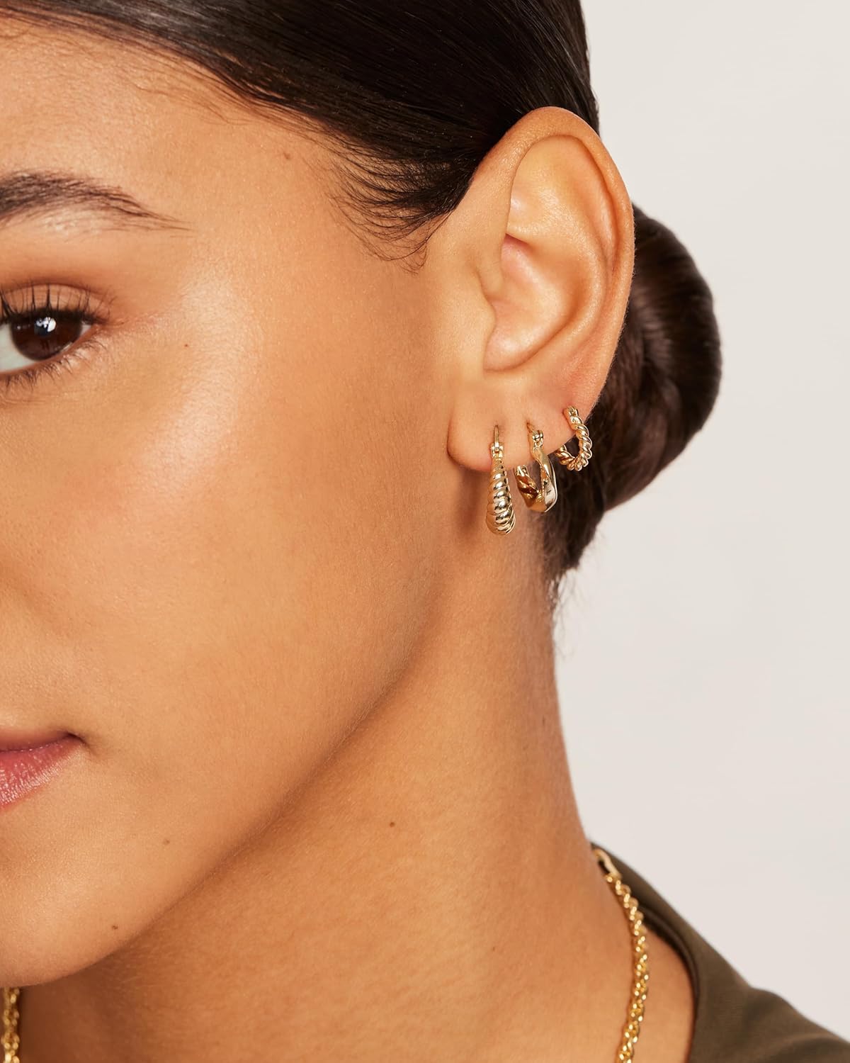14K-18K Yellow Gold Plated Sterling Silver Posts Three Pairs Small Hoop Earrings for Women - Statement Gold Hoop Earrings Set