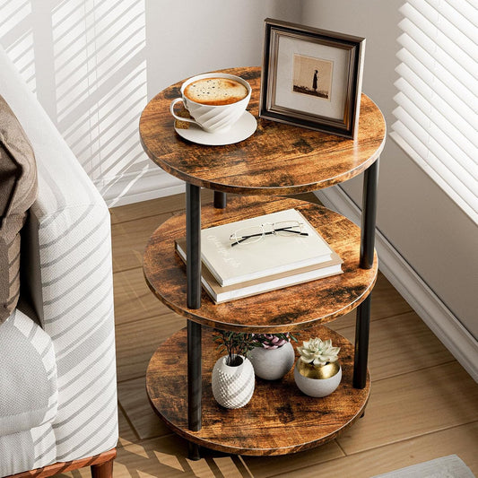 Small Round End Table - 3 Tier Design Accent Table, Narrow Side or Bedside Stand, Industrial Vintage