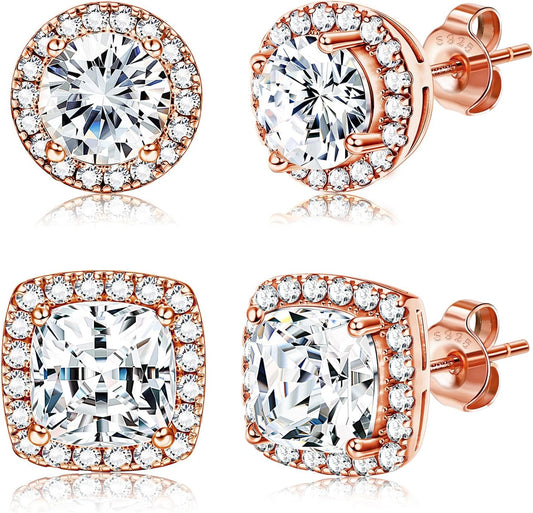 Hayoso 18K Gold Plated Halo Stud Earrings 925 Sterling Silver Cubic Zirconia Stud Earrings Round Square Diamonique Stud