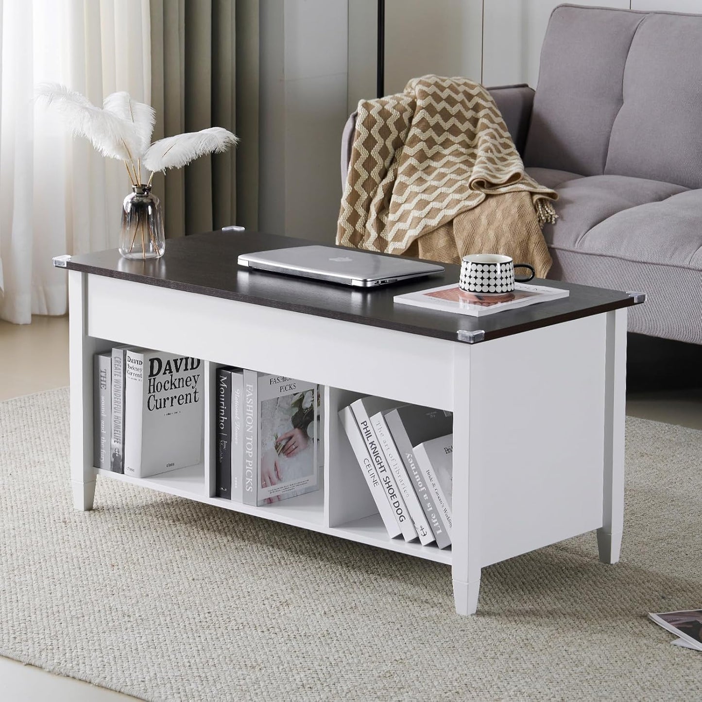 Farmhouse Lift Top Coffee Table, Rustic Grey with Storage Shelf/Hidden Compartment