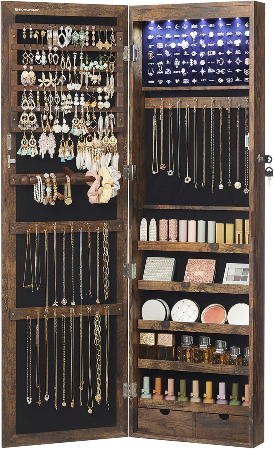 6 LEDs Mirror Jewelry Cabinet, Tall Lockable Wall or Door Mounted Jewelry Armoire Organizer