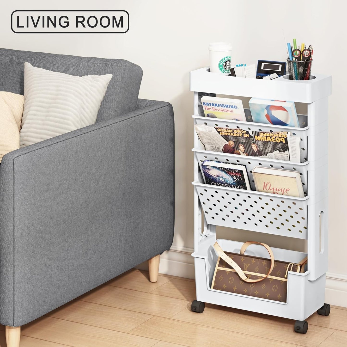 5-Tier Mobile Bookshelf, Rolling Bookcase Book Storage Rack, Movable File Folder Organizer Cart