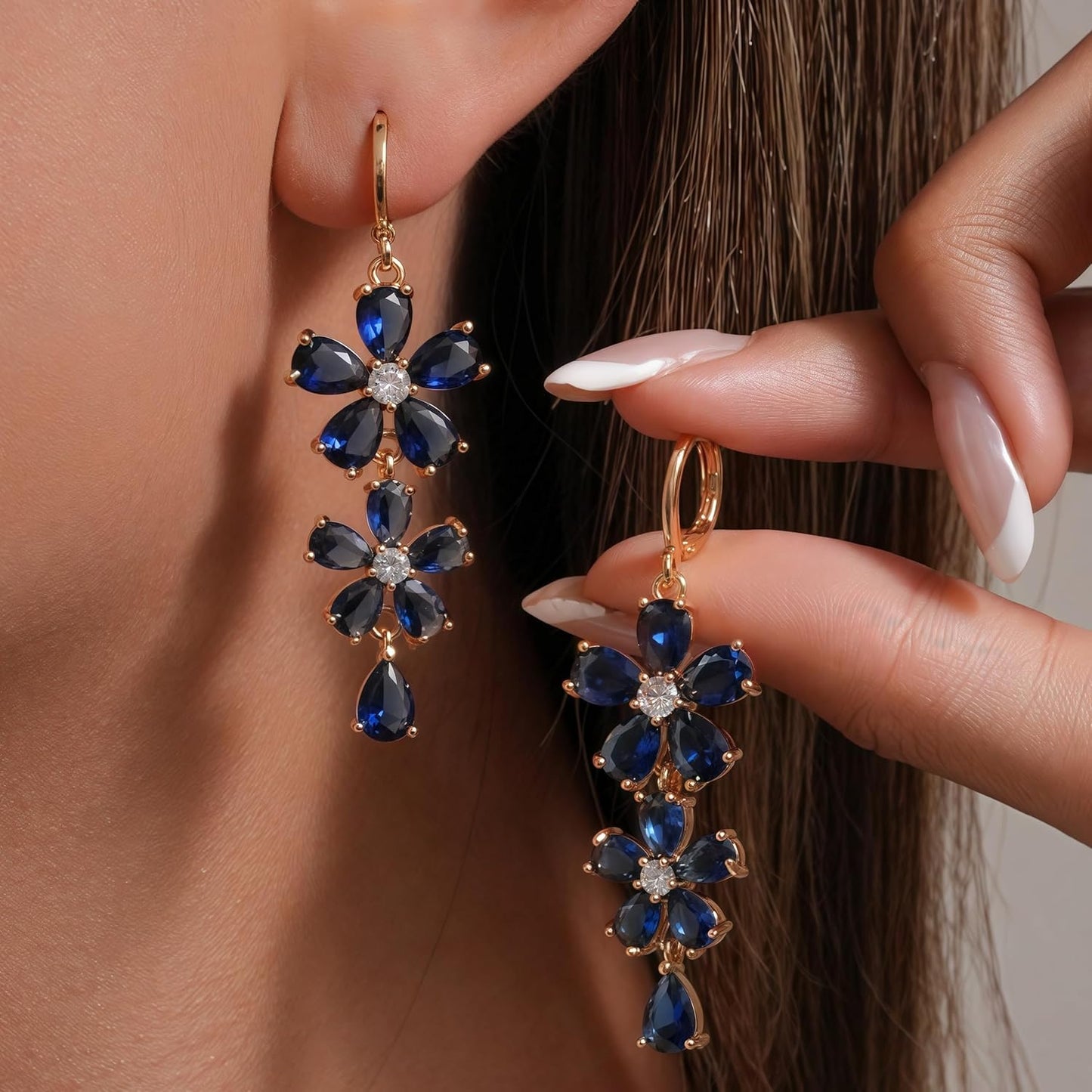 Vuskdtei18K Gold Plated Flower Dangle Earrings for Women, Hypoallergenic Cubic Zirconia Earrings, Elegant Chandelier Drop Earrings