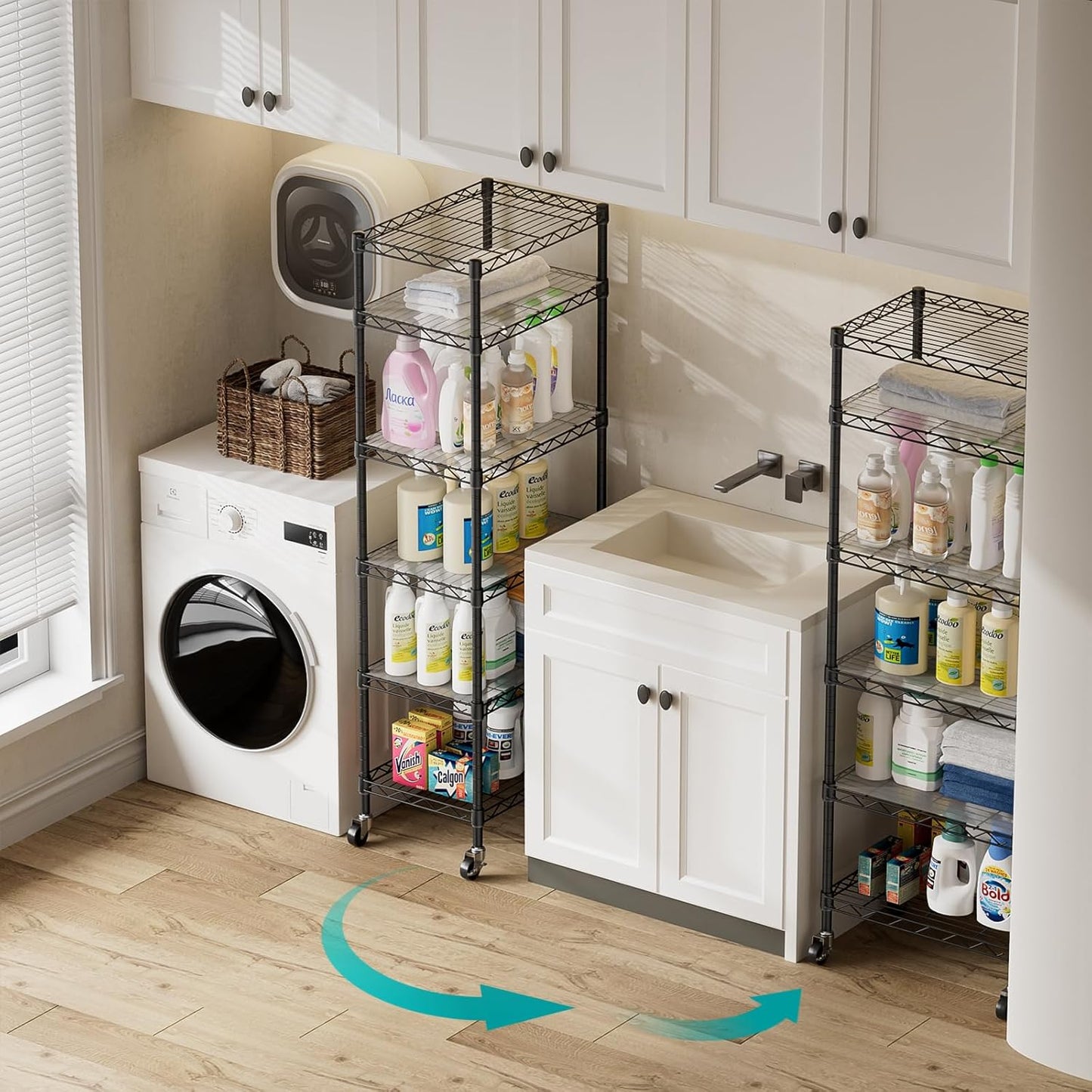 6 Shelf Storage Wire Shelves Closet Bathroom Organizers Metal Pantry Net Basket with Wheels