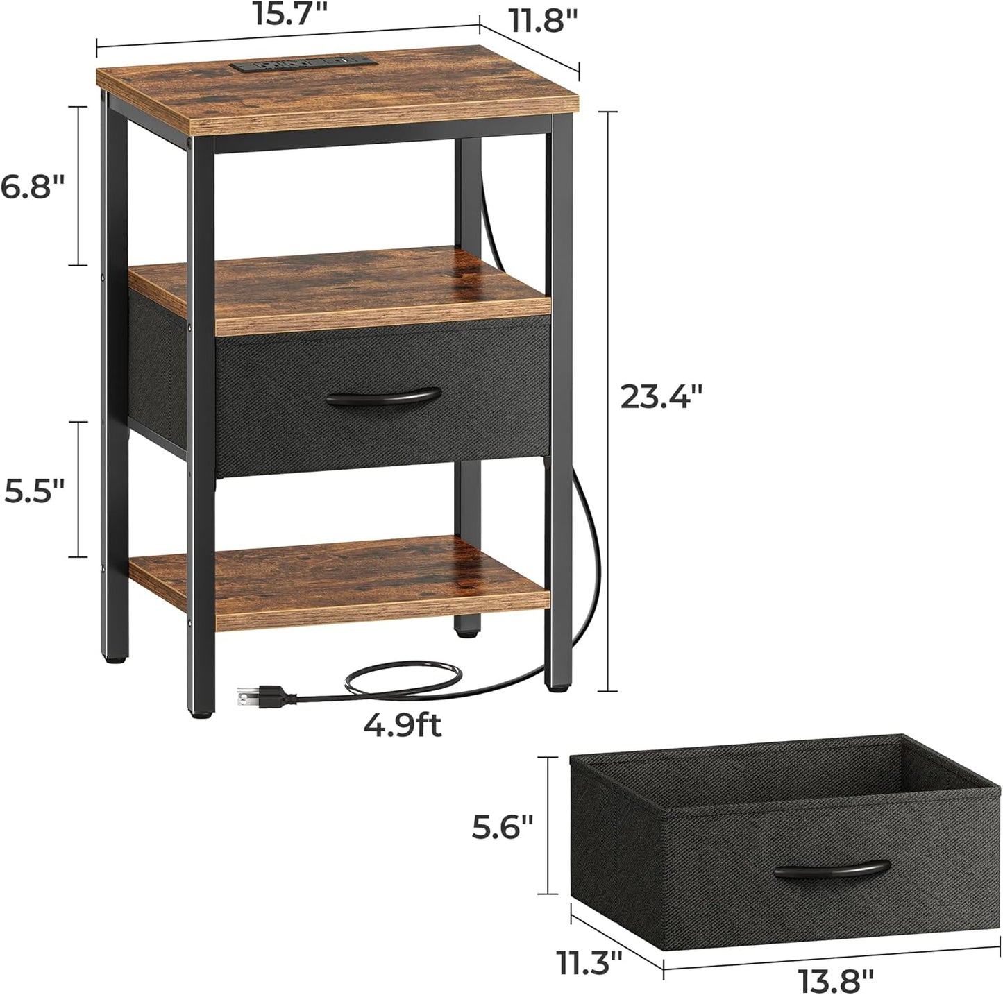 Nightstand with Charging Station, Bed Side Table with Adjustable Fabric Drawer, 3-Tier Storage