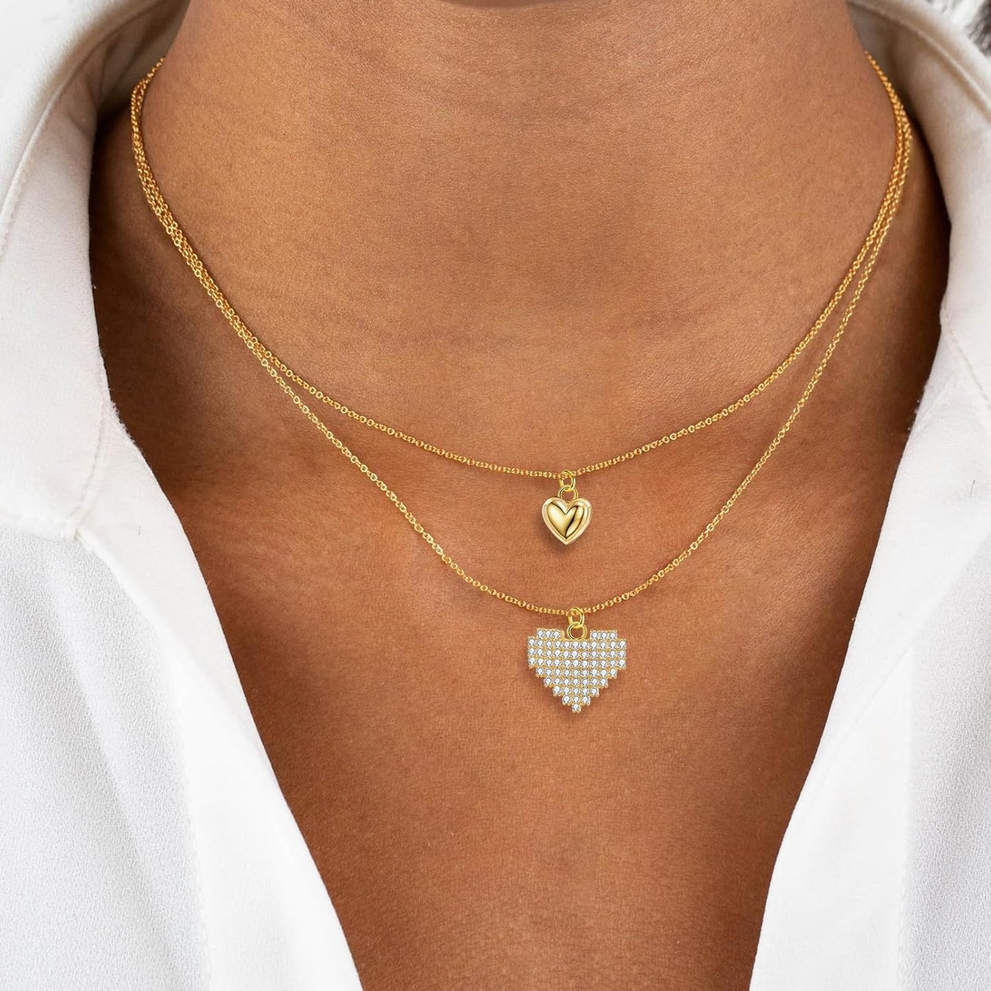 14K Gold & Platinum Plated Double Layer Pendant Necklace, Fashionable Layered Jewelry for Women
