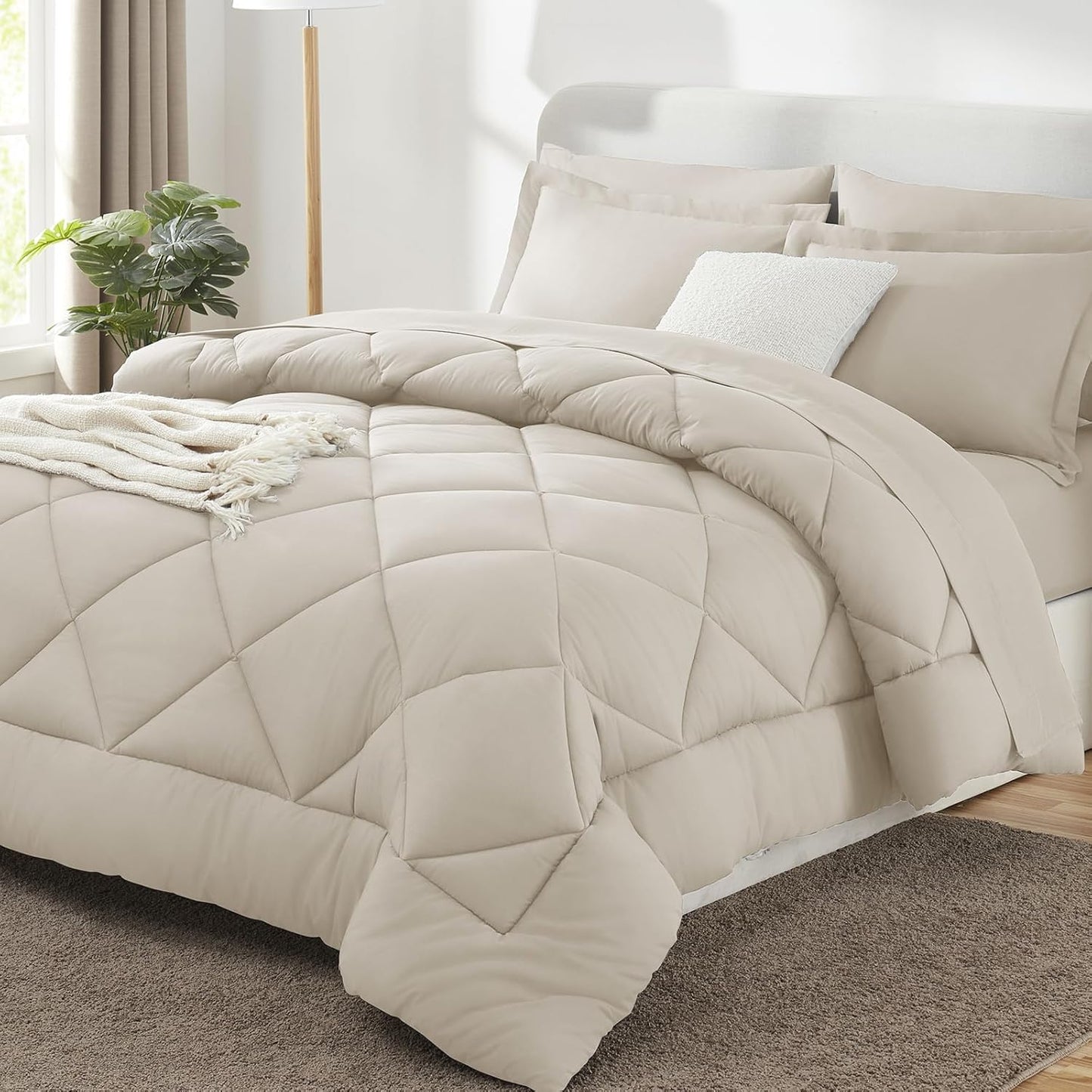 Queen Comforter Set Dark Grey - Bed in a Bag Queen Size 7 count, Luxury Soft Bed Set , Bedding Set with